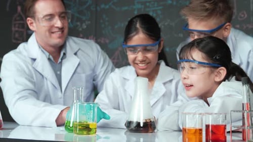 Enthusiastic Students Enjoying Science Experiment with Teacher