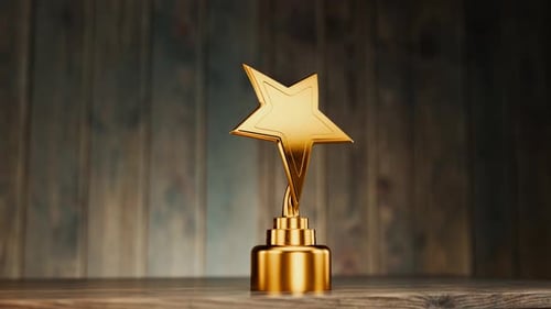 Business success concept. Top Performance Award. Winners Cup. The camera zooms in on the trophy, the