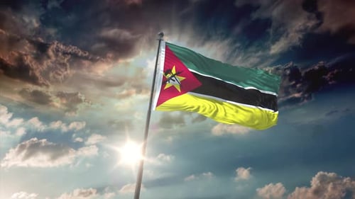 Realistic Mozambique Flag Waving in a Dramatic Sky