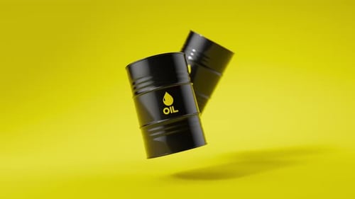 Deux barils de pétrole en métal noir flottent sur fond jaune, vue de face, concept de l'industrie pétrolière, rendu 3D