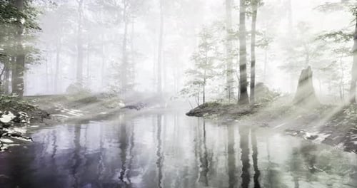 Mystical Forest Landscape with Fog Over Tranquil Water at Dawn