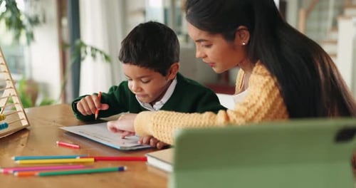 Home, school and mom helping child with work in house, living room or boy with homework