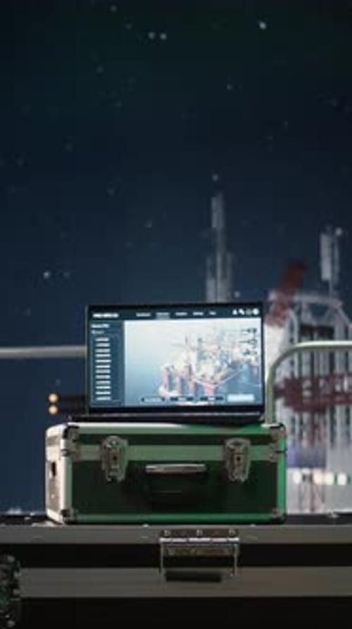 Vertikales Video-Laptop-Armaturenbrett auf dem Deck einer Bohrbarge zur Überwachung der sinkenden Benzinförderung