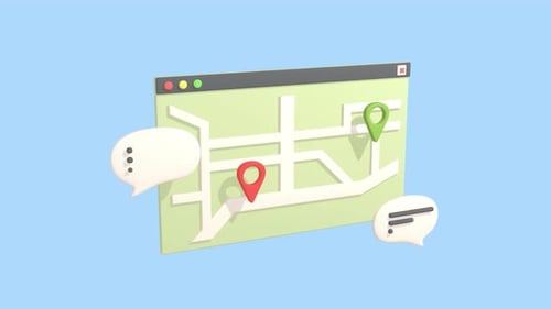 Animated Map With Location Pins And Speech Bubble Isolated On a Blue Background.