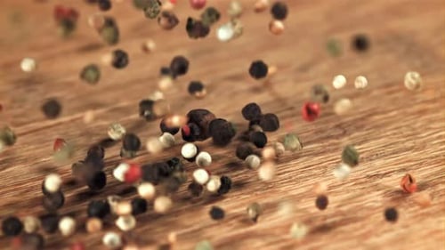 Peppercorn Falls on a Wooden Table Filmed on a Highspeed Camera at 1000 Fps