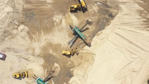 Sand moving on automatic conveyor belt. Mining conveyor sand sorting . Aerial View