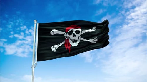 Realistic Waving Pirate Flag with Skull and Crossbones Against Blue Sky