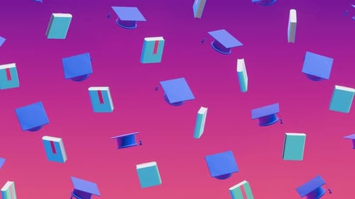 Lehrbücher und Abschlusskappen auf einem Hintergrund mit lebhaftem Farbverlauf.