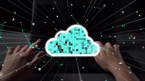 Hands Typing on Laptop Keyboard with Cloud Computing Icons for Digital Transformation and Technology