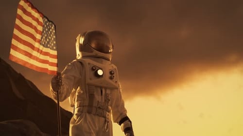 Astronaut Holding USA Flag on Another Planet