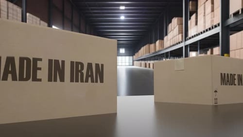Boxes with MADE IN IRAN Text on Conveyor Iranian Goods Related Loopable 3D Animation