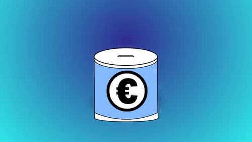 3d Blue coin bank and coins with Euro sign isolated on blue background. Vd_1320