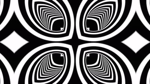 Black and white pattern with four circles in the middle. Kaleidoscope VJ loop