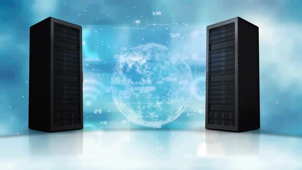 Animation of globe and computer servers with data processing and ...