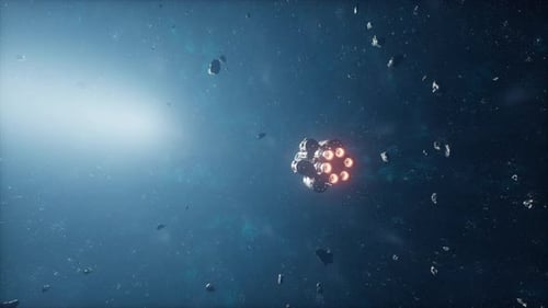 Futuristic Spaceship Flying Through Space with Asteroids