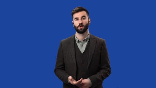 Man Business Blogger Vlogger TV News Leading Anchorman Talking Isolated Blue Screen Chroma Key