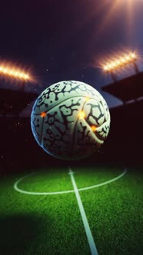White patterned soccer ball spinning in arena.