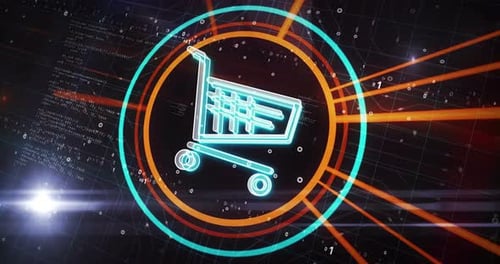 Digital Shopping Cart Icon Animation with Futuristic Tech Background