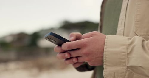 Cellphone, hands and outdoor person typing, scroll and check email communication