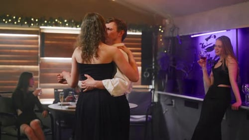 Young Couple Dancing Slow Dance in Club Two Person Man and Girl Dancing Slow Dance Romantic Smiling