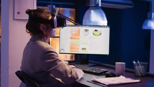 Woman Wearing VR Headset Interacting with Data at Night