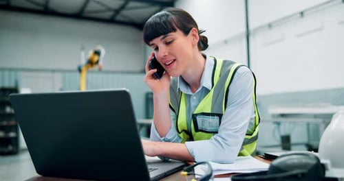 Engineer, laptop and woman on mobile call in construction site for business project