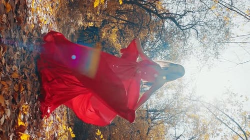 Beautiful Woman in a Red Dress Poses in a Bright Autumn Forest