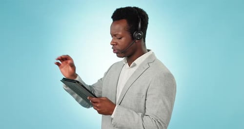Black man, business telemarketing and tablet with web help and conversation for call center