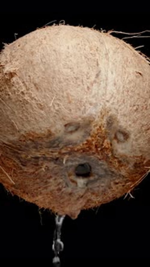 Vertikales Video. Eine haarige braune Kokosnuss scheint in der Luft zu hängen, und aus ihr fließt Milch, Saft fließt
.