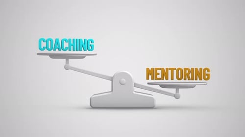Coaching vs Mentoring balance scale looping animation