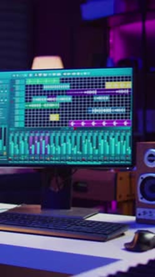 Music Recording Studio with Neon Lighting at Night