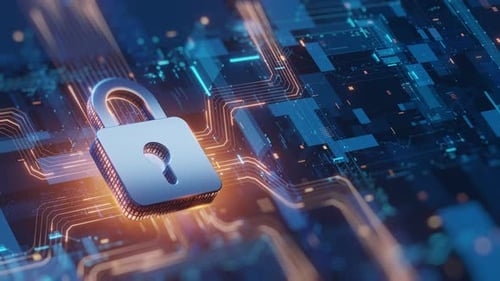 Animated Digital Lock on Circuit Board for Cybersecurity