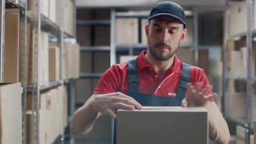 Professional Warehouse Worker Finishes Order, Sealing Cardboard Boxes Ready for Shipment. In the Ba