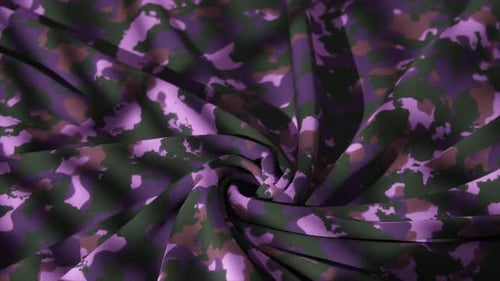 A Fabric Spiral with a Pink Camouflage Pattern Twists Into a Dynamic and Textured 3D Animation