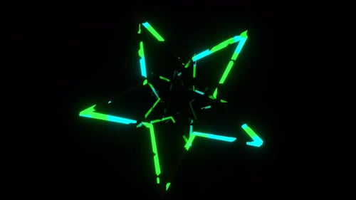 Zyanblaue und grüne Neonsterne tauchen aus dem dunklen Hintergrund auf VJ Loop in 4K