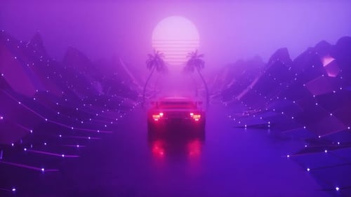 Glowing Dark Foggy Landscape With Riding Sports Car Rettrowave Background
