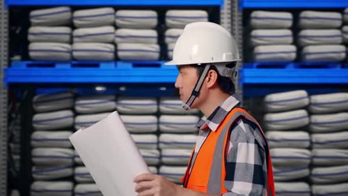 Side View of Asian Male Engineer Looking At Blueprint While Walking at Warehouse