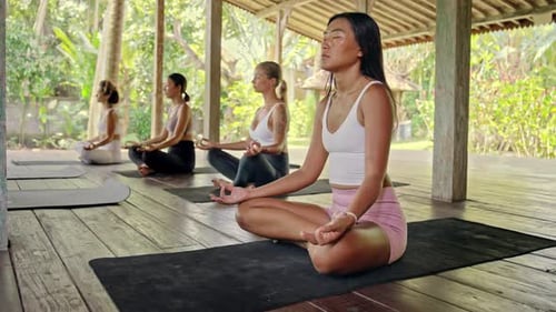Yoga and Meditation of Fitness Women Exercising in Workout Class for Wellness