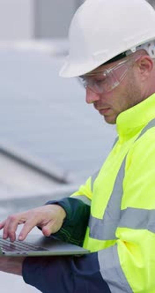 Engineering, man and laptop for solar panels, renewable energy power or sustainable electricity