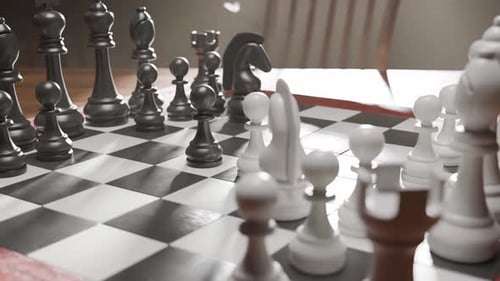 Chess Board with Glossy Black and White Pieces