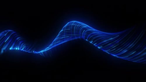 Abstract neon blue flowing wave lines on dark gradient background. Smooth linear streaks forming dyn