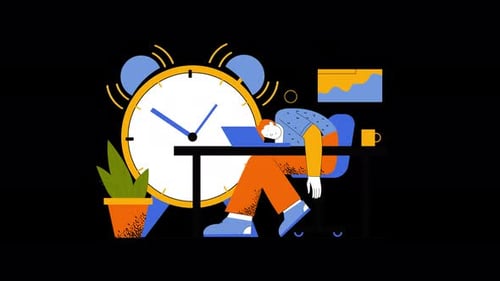 Sleepy Worker Surrounded by Clocks: A Colorful Take on Office Fatigue and Procrastination
