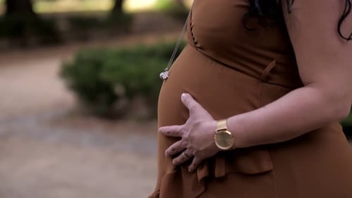 Pregnant Woman's Gentle Touch in Nature's Embrace