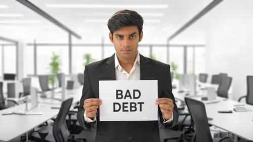 Angry Indian manager holding BAD DEBT banner
