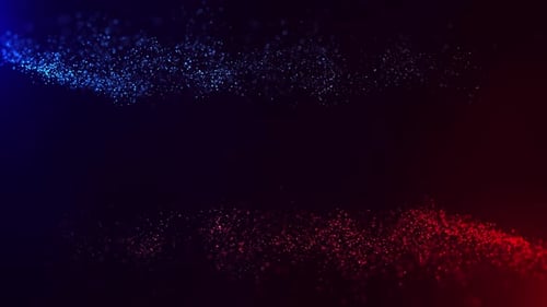 Animation of abstract glowing glitter particles. Flying bright dots and particles on a red and blue