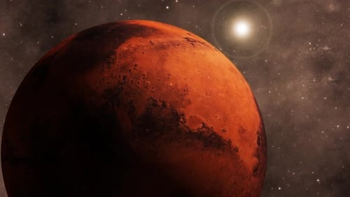 Rotating Mars Planet in Outer Space with Distant Sun