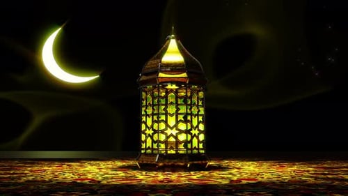 Ramadan Golden Lantern and Crescent Moon Night Scene Loop