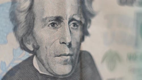 Makroansicht von Andrew Jackson auf einem Zwanzig-Dollar-Schein — Konzept: Fokus auf Geld, Materialismus, Kapital