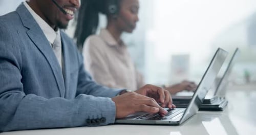 Business people, call center and laptop in customer service, telemarketing team