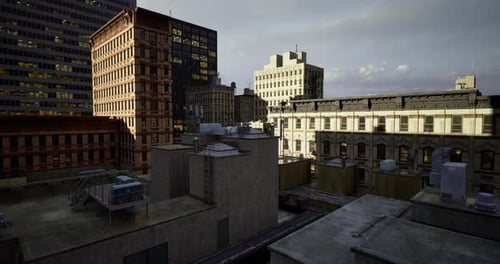 City Skyline Featuring Urban Architecture Surrounding an Alley at Dusk